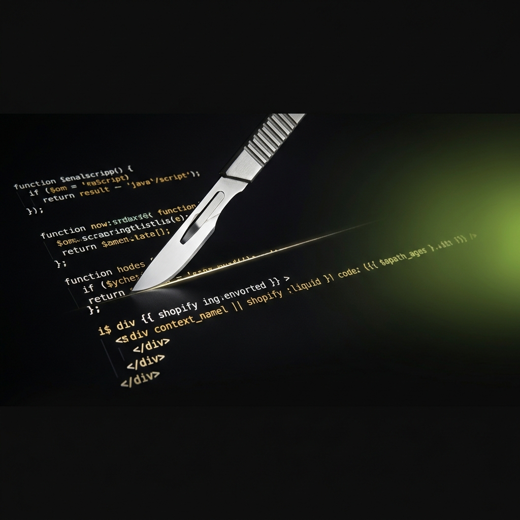 Custody and Agency Shopify expert engineers executing surgical code refactoring -- a precision scalpel cuts glowing JavaScript and Liquid code on a dark background, representing zero-downtime e-commerce software upgrades.